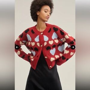 NWT Anthropologie English Factory Crewneck Heart Icon Patterned Cardigan. Size M
